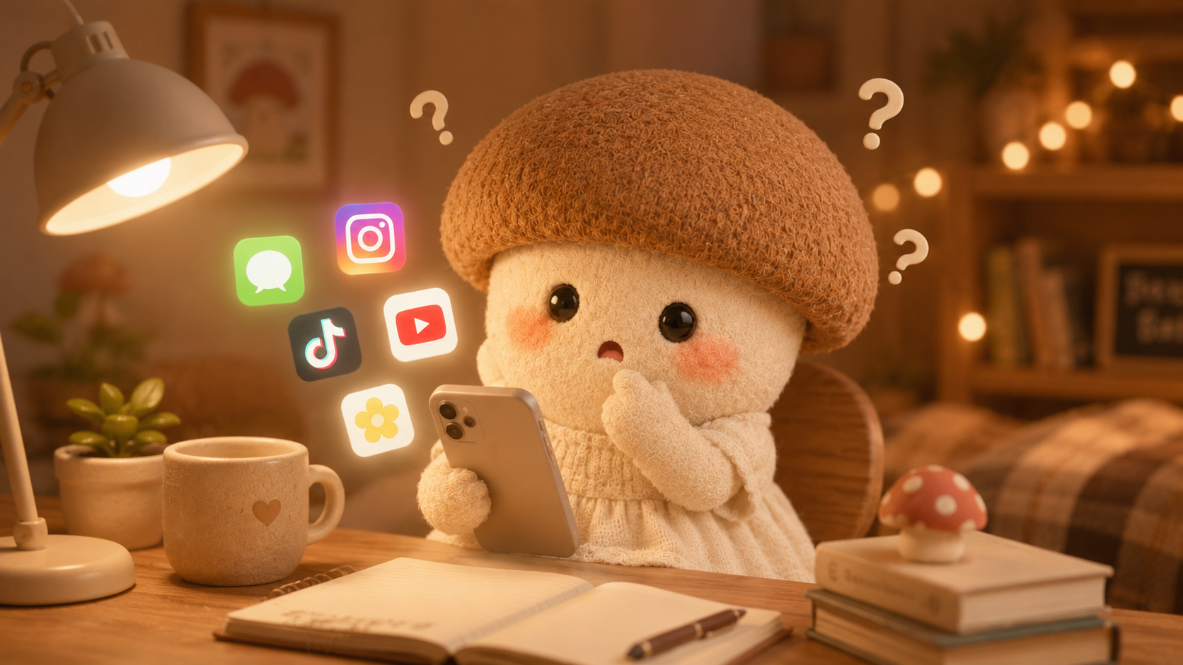 どのアプリがいいか悩むエリンギちゃん