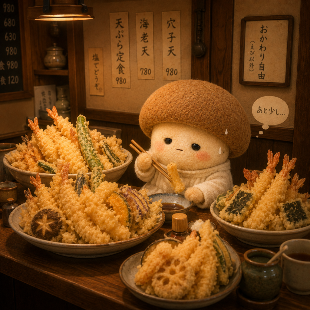 天ぷらと戦っているエリンギちゃん