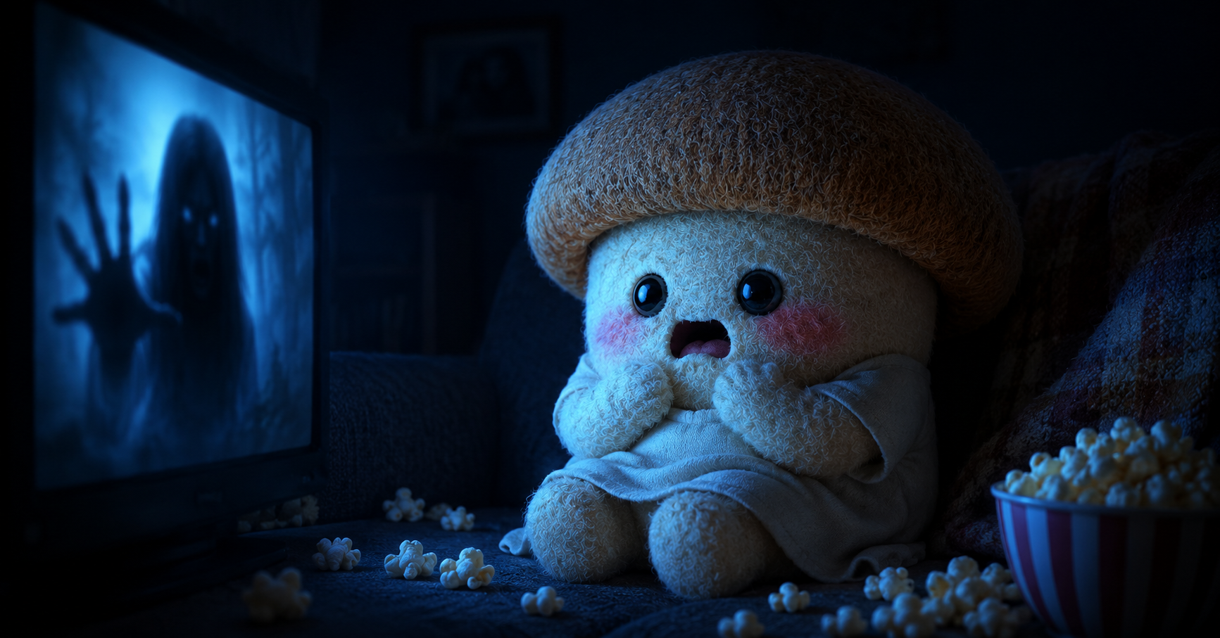 ホラー映画を見るエリンギちゃん
