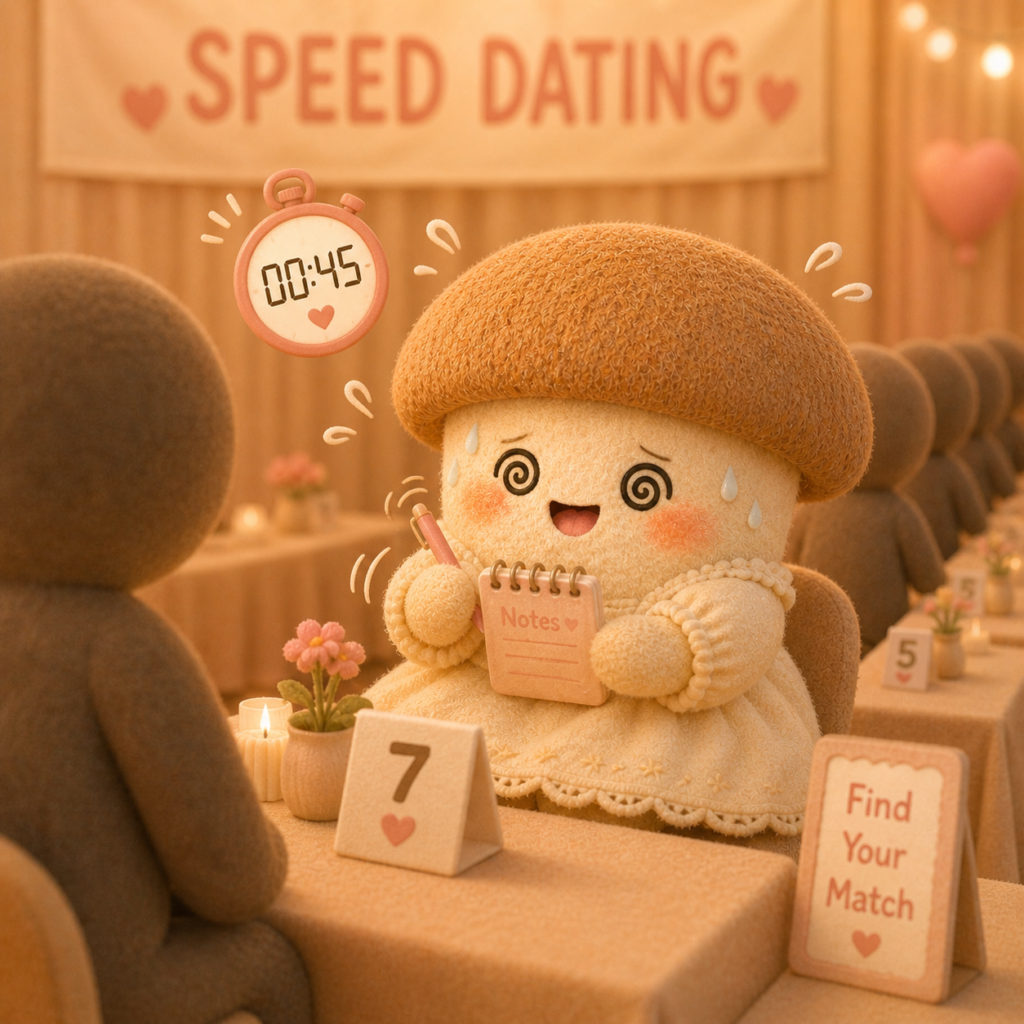 エリンギちゃんが婚活パーティーの回転寿司スタイルにパニックになっている画像
