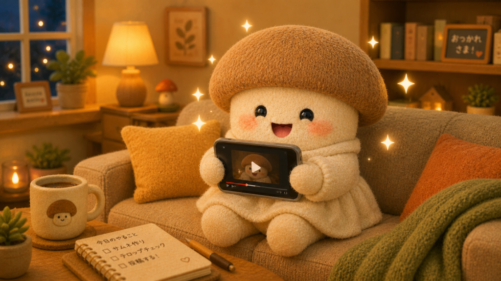 エリンギちゃんがスマホを見ている画像