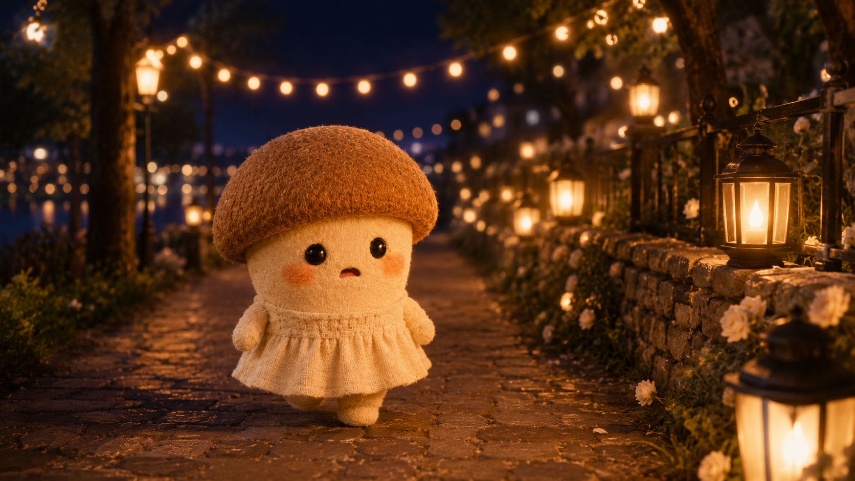 イルミネーションの中不安そうなエリンギちゃん