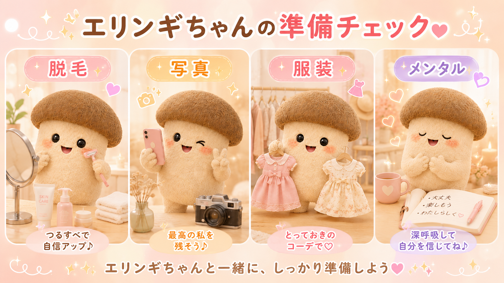 脱毛、写真、服装、メンタルなど婚活前の準備をするエリンギちゃんのイラスト