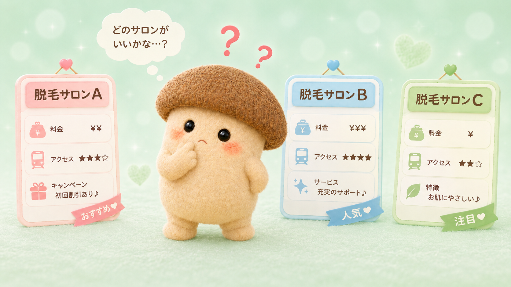 脱毛サロンで迷うエリンギちゃん