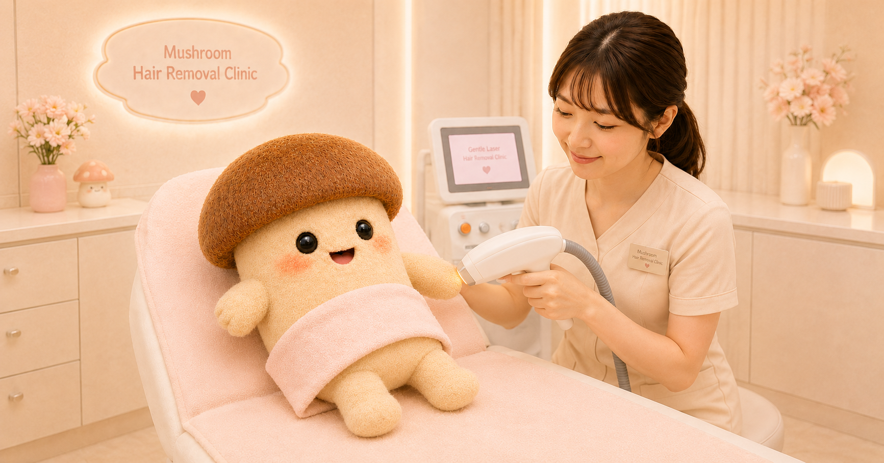 脱毛の施術を受けるエリンギちゃん