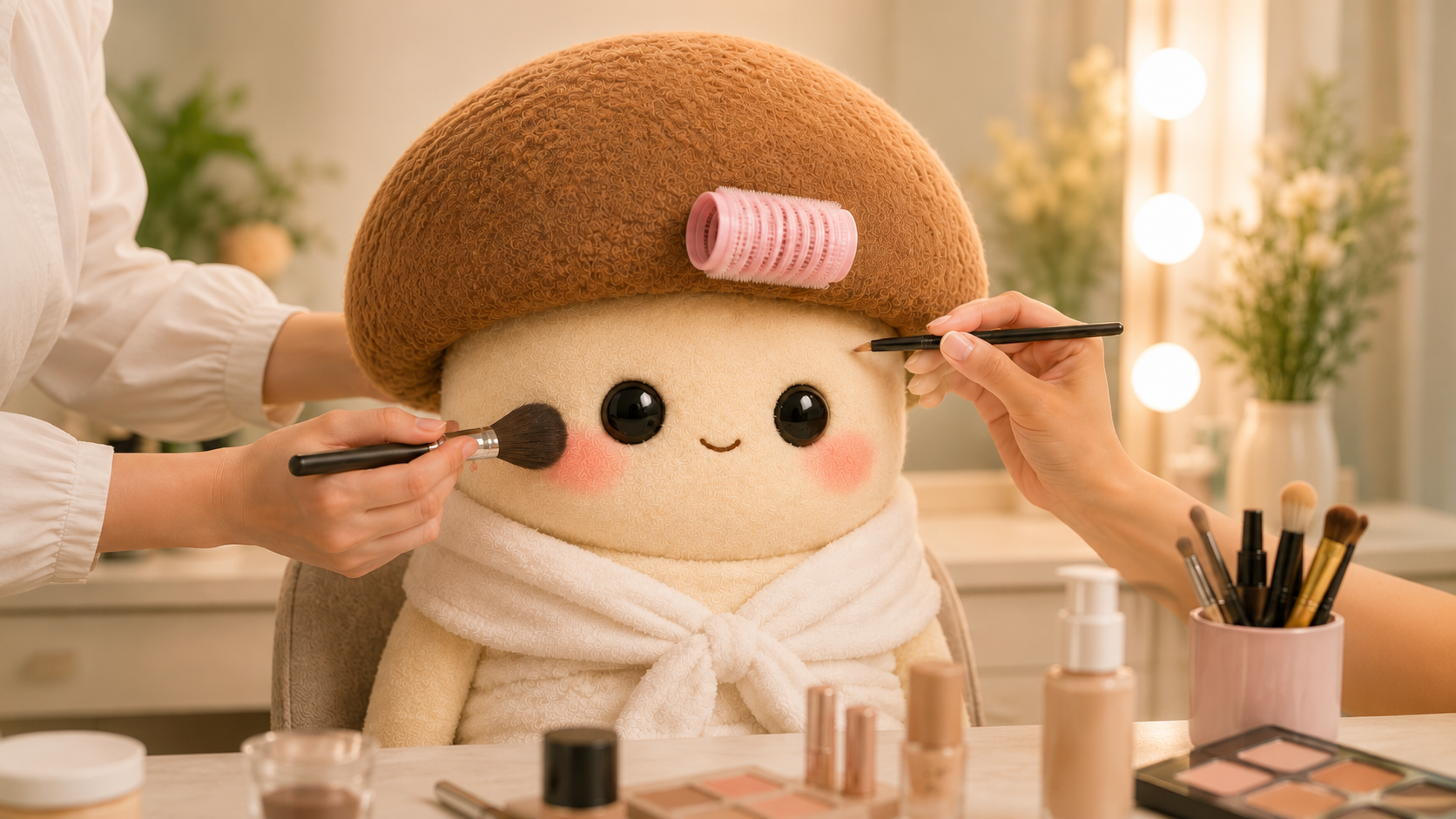 ヘアメイクされるエリンギちゃん