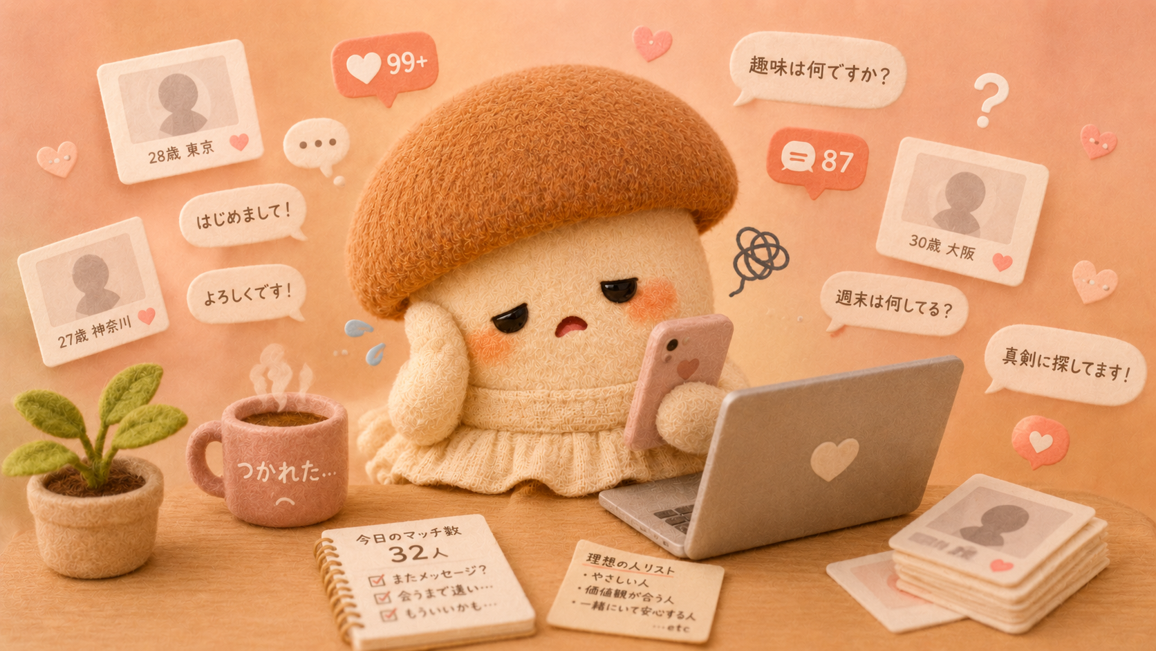 マッチングアプリで疲れているエリンギちゃん